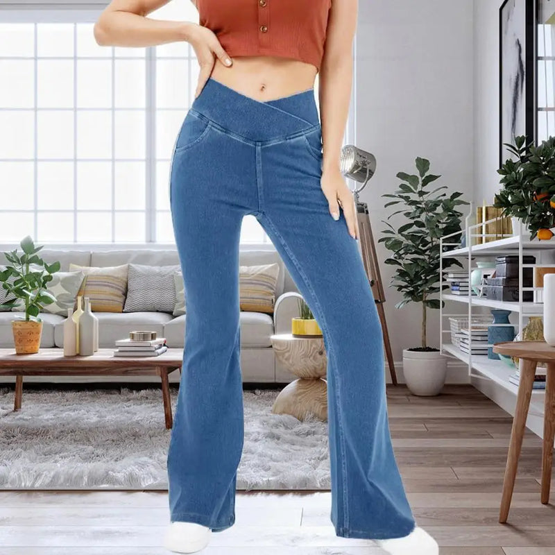 Calça Leg Jeans Cintura Alta Cruzada