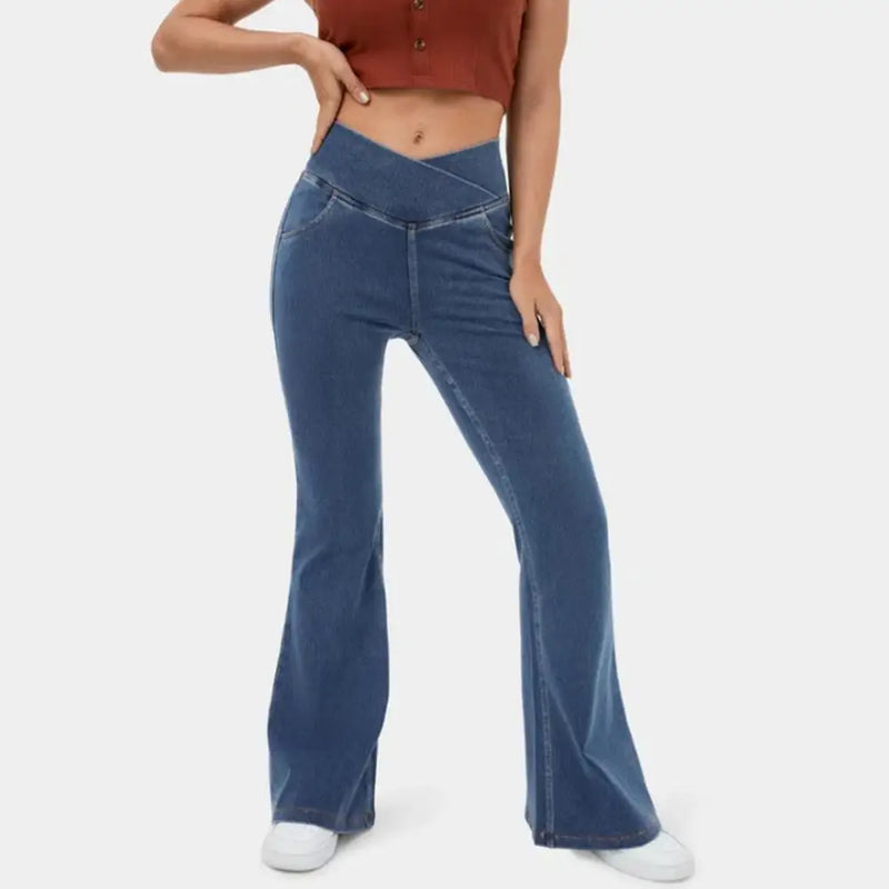 Calça Leg Jeans Cintura Alta Cruzada