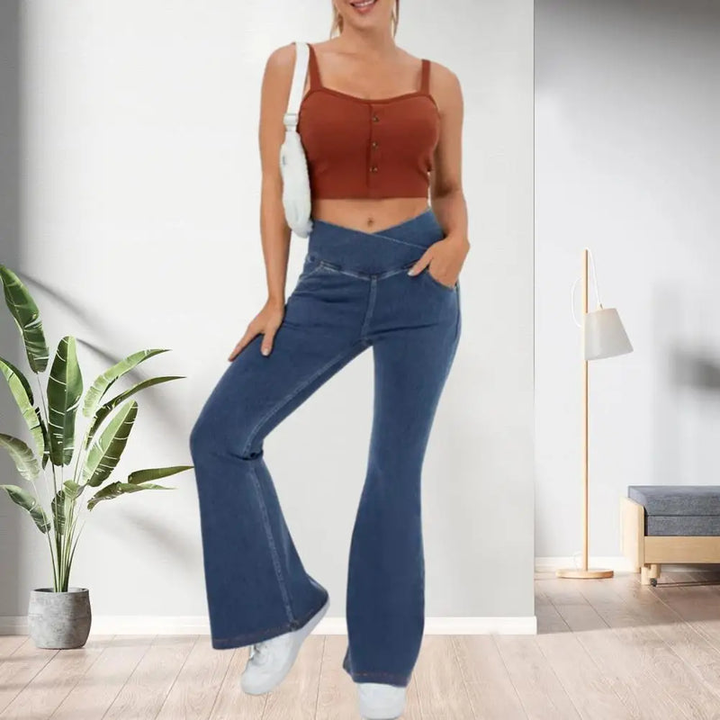 Calça Leg Jeans Cintura Alta Cruzada