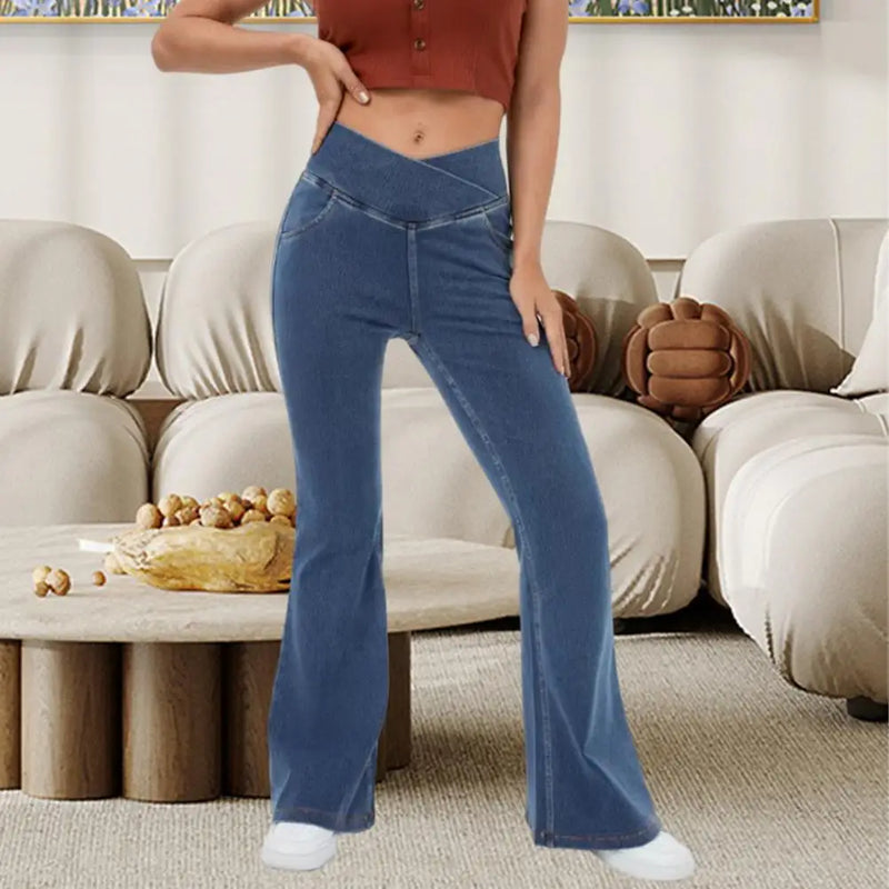 Calça Leg Jeans Cintura Alta Cruzada